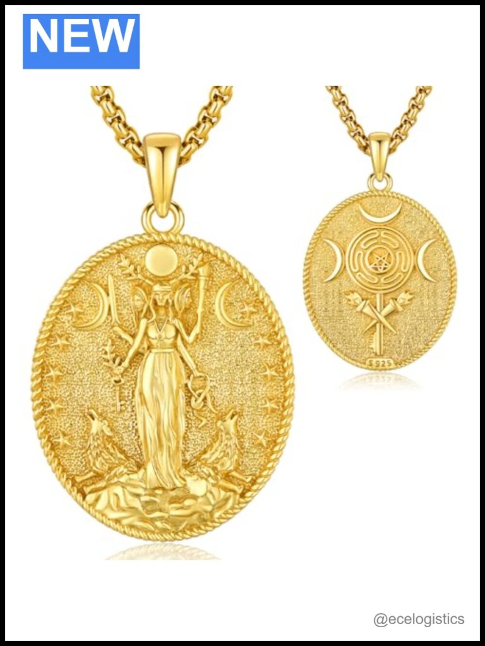 Hecate Triple Moon Goddess Pendant Necklace Sterling Silver 18K Gold Plated